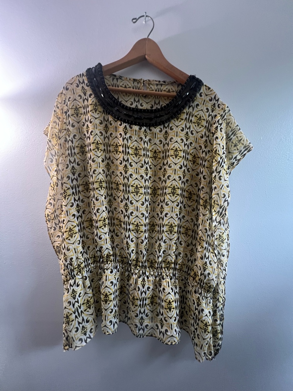 Vintage 90s Style Sheer Kaftan Tunic Top Black Gold Beaded Embellished Boho